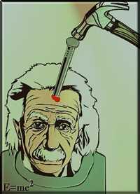Рисунок: голова Эйнштейна, в которую вбит гвоздь. Сверху виден молоток. На свитере Эйнштейна формула Е=мс2.